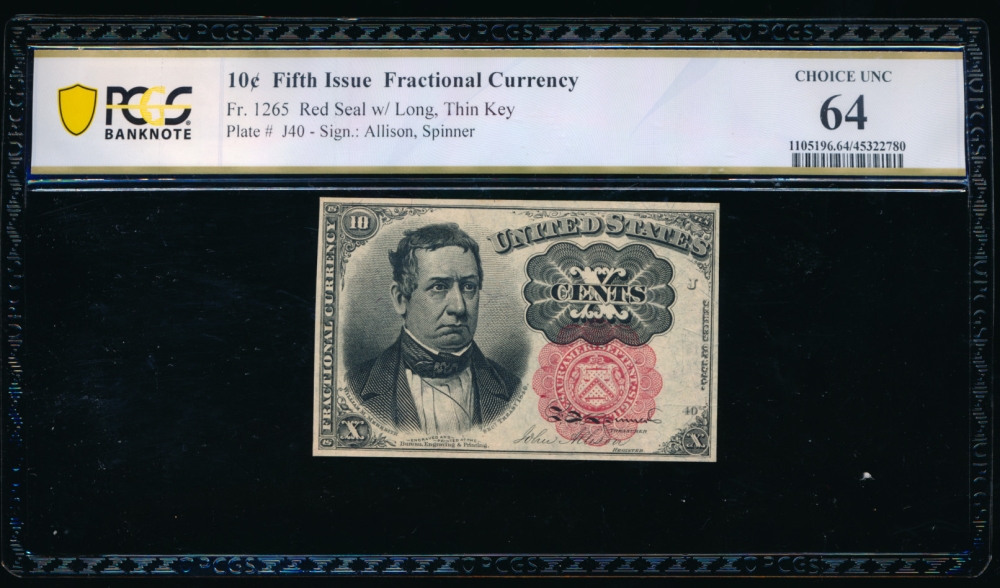 Fr. 1265  $0.10  Fractional Fifth Issue: Long, Thin Key PCGS 64 no serial number