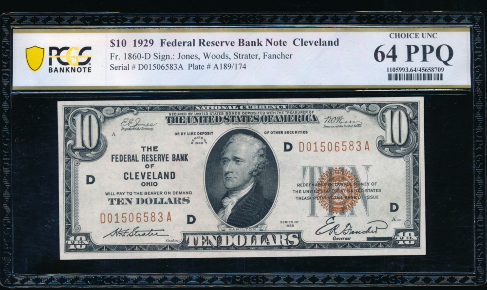 Fr. 1860-D 1929 $10  FRBN Cleveland PCGS 64PPQ D01506583A