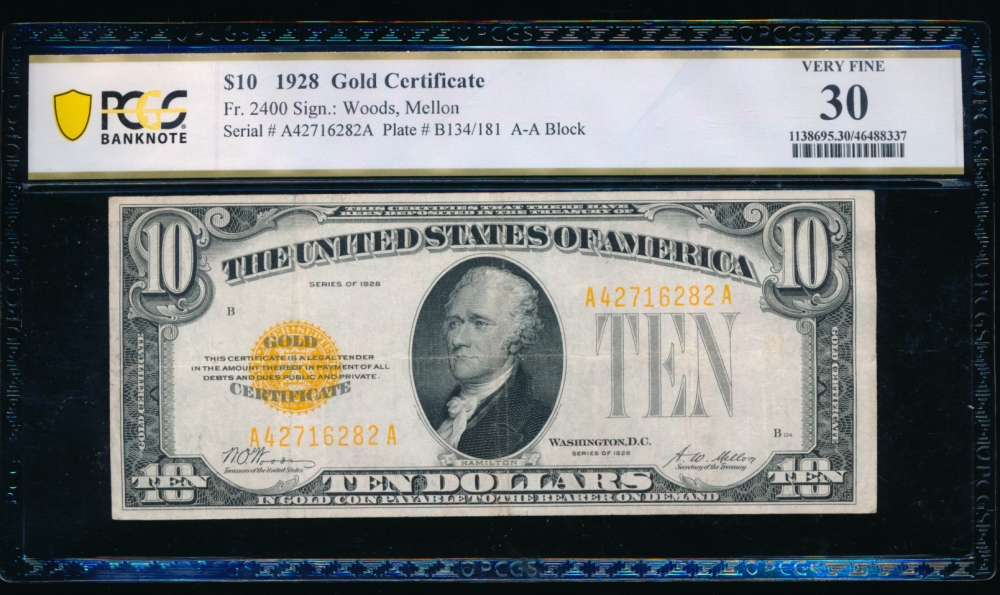 Fr. 2400 1928 $10  Gold Certificate AA block PCGS 30 A42716282A