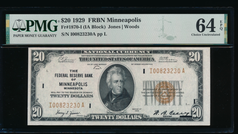 Fr. 1870-I 1929 $20  FRBN Minneapolis PMG 64EPQ I00823230A