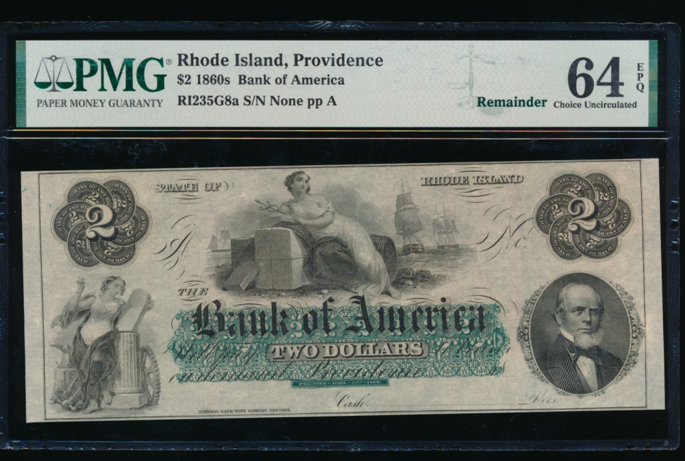 Fr. RI-235 G8a 1860s $2  Obsolete Bank of America, Rhode Island PMG 64EPQ no serial number