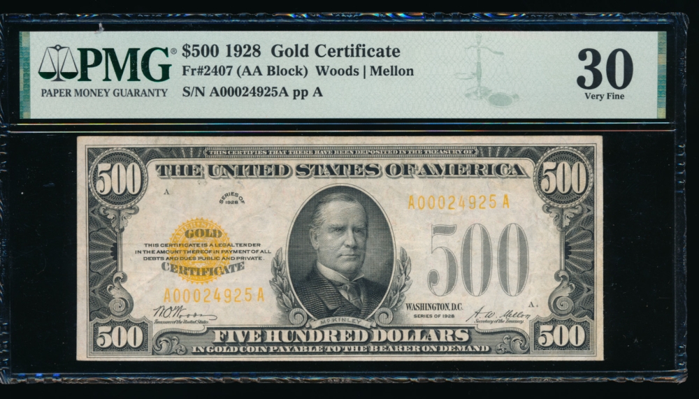 Fr. 2407 1928 $500  Gold Certificate  PMG 30 A00024925A