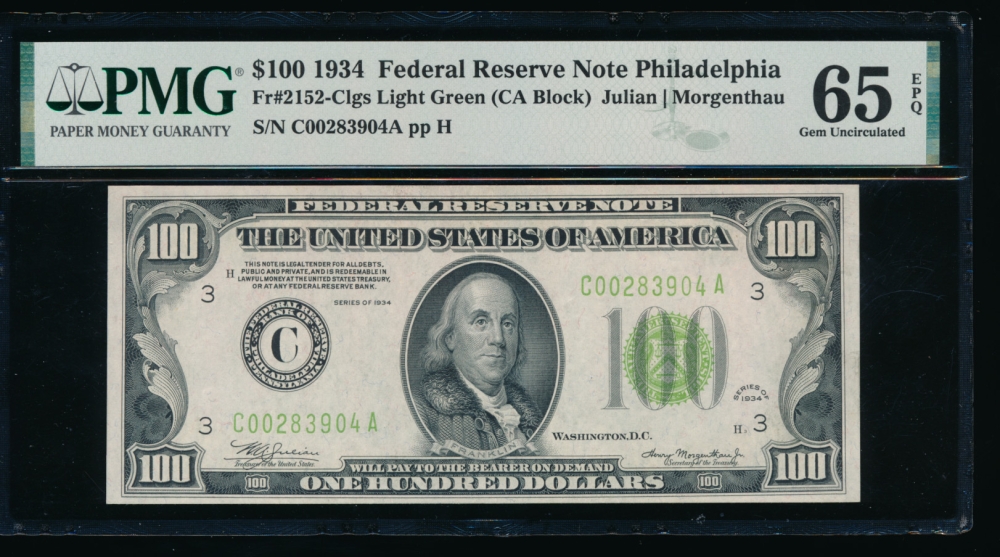Fr. 2152-C 1934 $100  Federal Reserve Note Philadelphia LGS PMG 65EPQ C00283904A