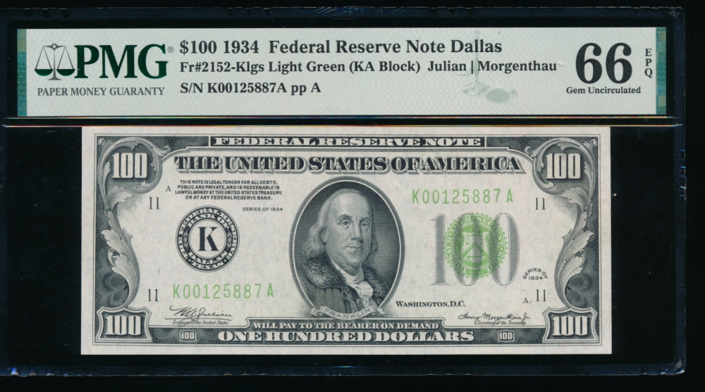 Fr. 2152-K 1934 $100  Federal Reserve Note Dallas LGS PMG 66EPQ K00125887A