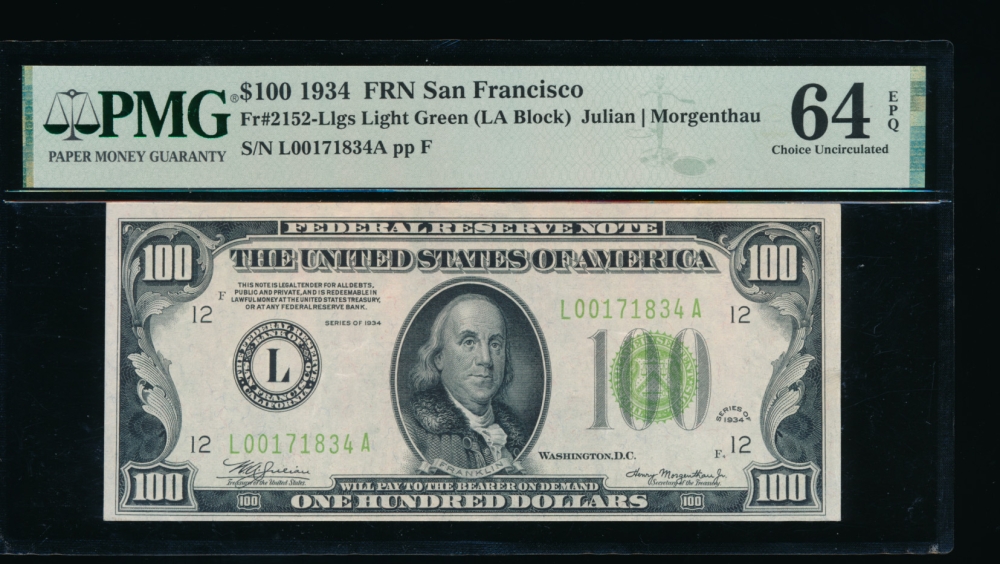 Fr. 2152-L 1934 $100  Federal Reserve Note San Francisco LGS PMG 64EPQ L00171834A