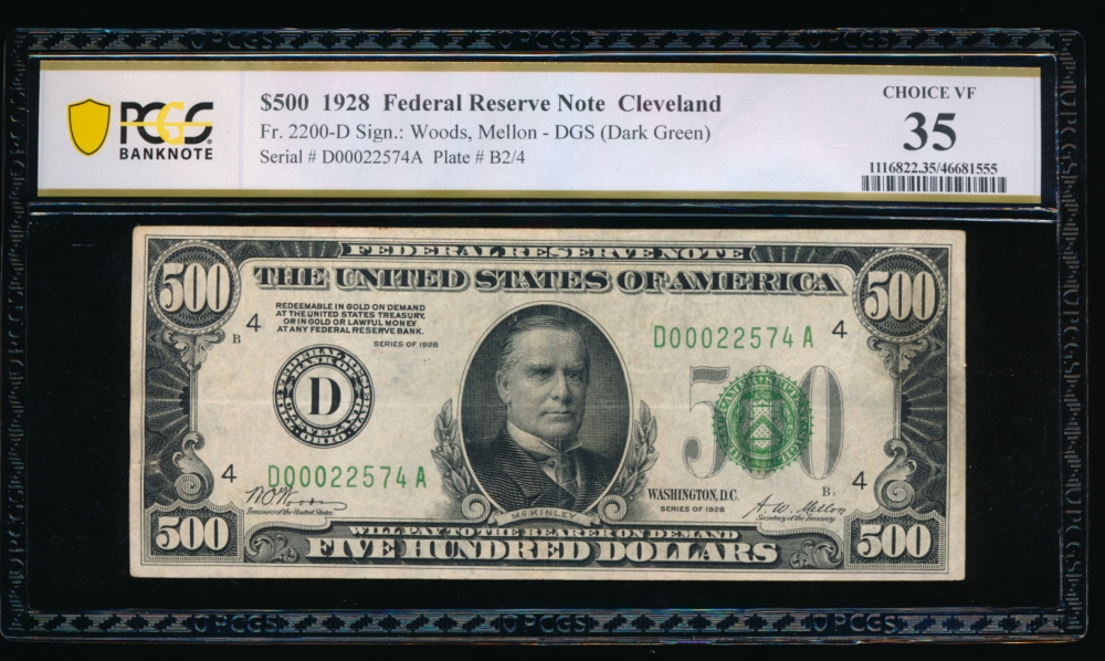 Fr. 2200-D 1928 $500  Federal Reserve Note Cleveland PCGS 35 D00022574A