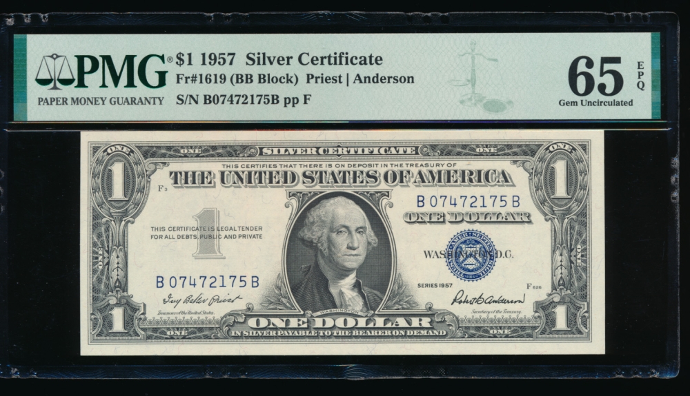 Fr. 1619 1957 $1  Silver Certificate BB block PMG 65EPQ B07472175B