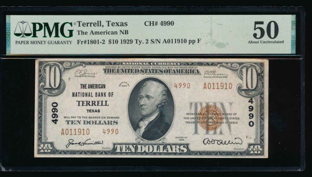 Fr. 1801-2 1929 $10  National: Type II Ch #4990 The American National Bank of Terrell, Texas PMG 50 A011910