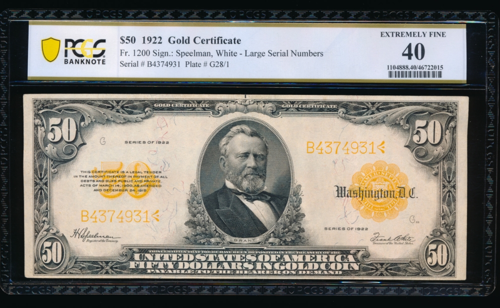 Fr. 1200 1922 $50  Gold Certificate  PCGS 40 B4374931