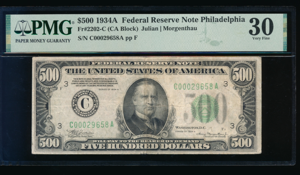 Fr. 2202-C 1934A $500  Federal Reserve Note Philadelphia PMG 30 C00029658A
