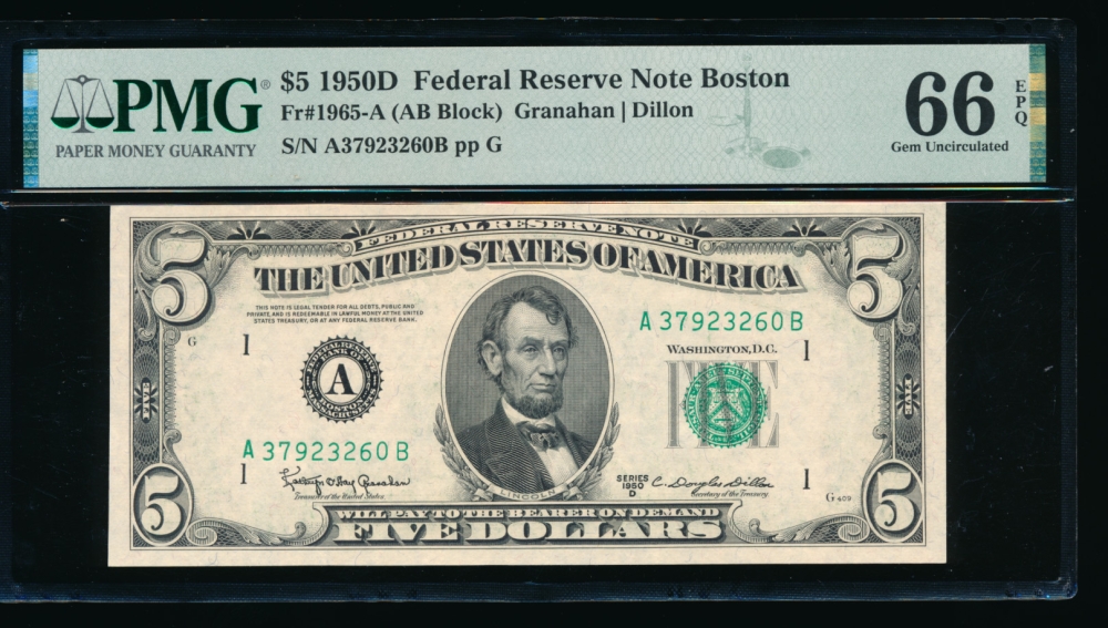 Fr. 1965-A 1950D $5  Federal Reserve Note Boston PMG 66EPQ A37923260B