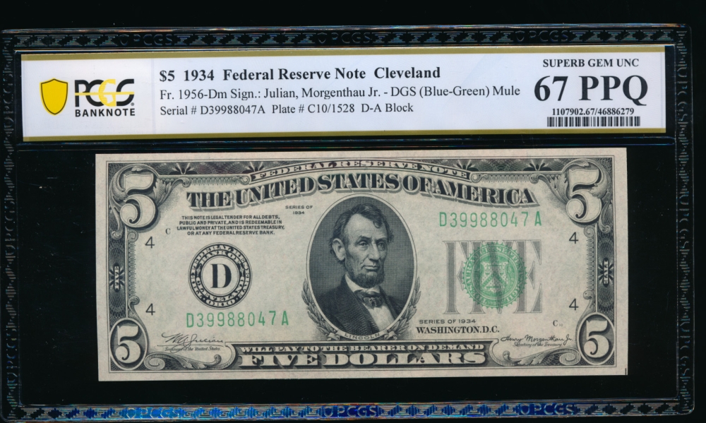 Fr. 1956-D 1934 $5  Federal Reserve Note Cleveland mule PCGS 67PPQ D39988047A