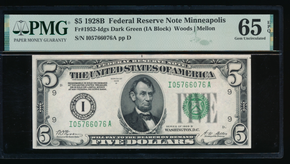 Fr. 1952-I 1928B $5  Federal Reserve Note Minneapolis PMG 65EPQ I05766076A