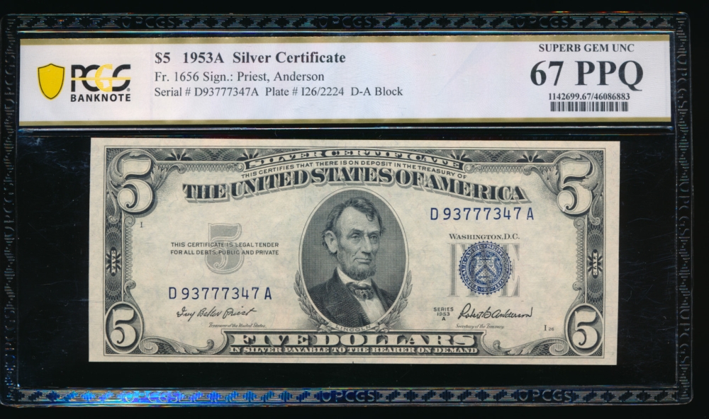 Fr. 1656 1953A $5  Silver Certificate DA block PCGS 67PPQ D93777347A