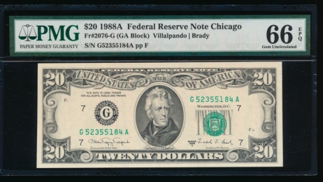 Fr. 2076-G 1988A $20  Federal Reserve Note Chicago PMG 66EPQ G52355184A