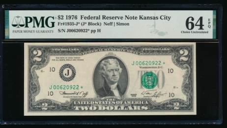 Fr. 1935-J 1976 $2  Federal Reserve Note Kansas City star PMG 64EPQ J00620922*