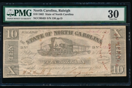 Fr. Cr NC-84D 1862 $10  Obsolete State of North Carolina, Raleigh PMG 30 136 D