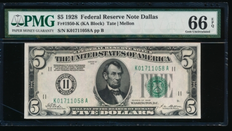 Fr. 1950-K 1928 $5  Federal Reserve Note Dallas PMG 66EPQ K01711058A