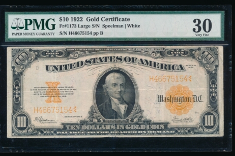 Fr. 1173 1922 $10  Gold Certificate  PMG 30 H46675154