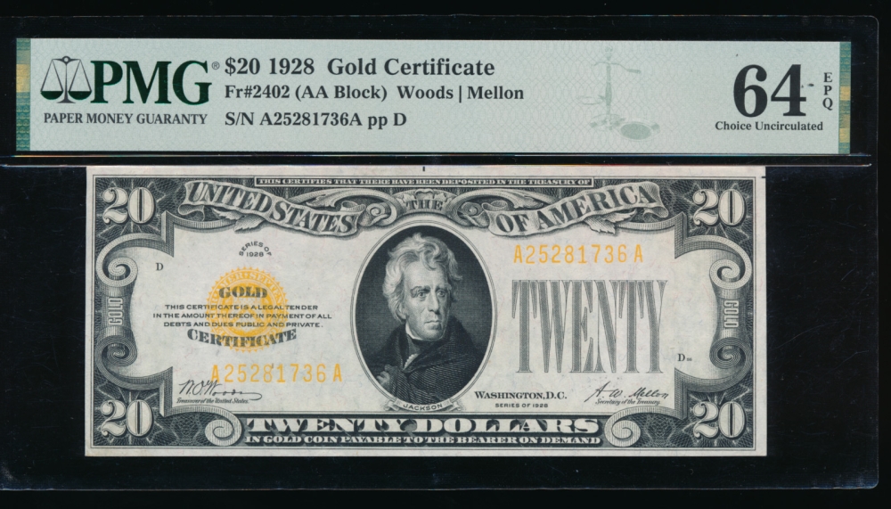 Fr. 2402 1928 $20  Gold Certificate  PMG 64EPQ A25281736A