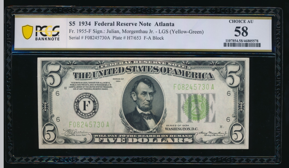 Fr. 1955-F 1934 $5  Federal Reserve Note Atlanta LGS PCGS 58 F08245730A