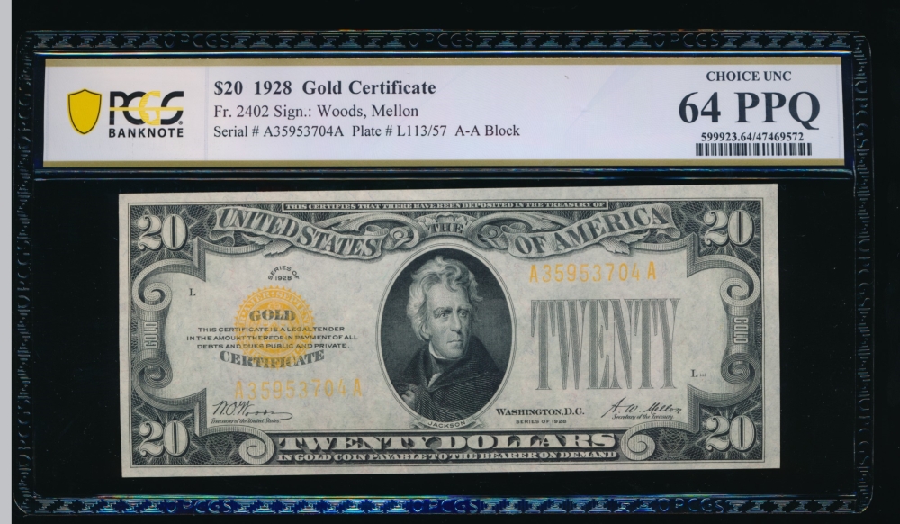 Fr. 2402 1928 $20  Gold Certificate  PCGS 64PPQ A35953704A