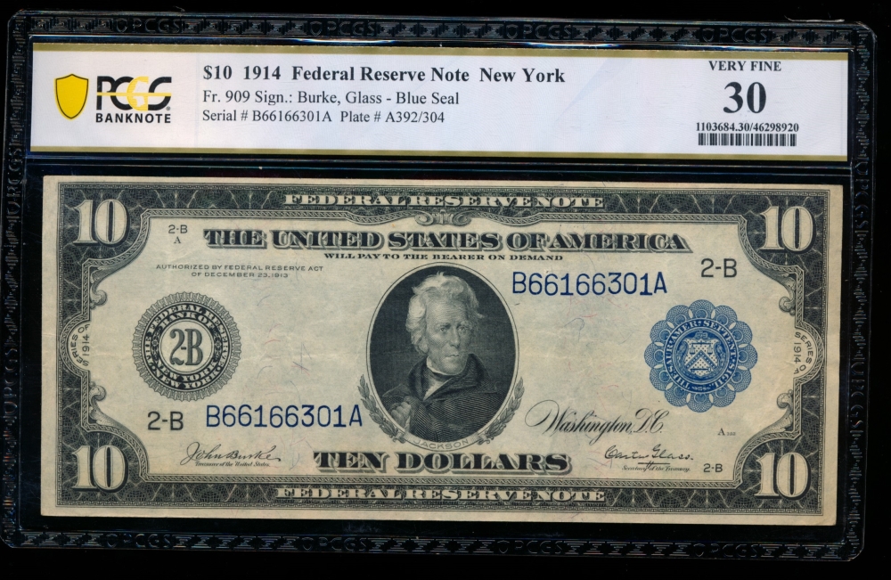 Fr. 909 1914 $10  Federal Reserve Note New York PCGS 30 B66166301A