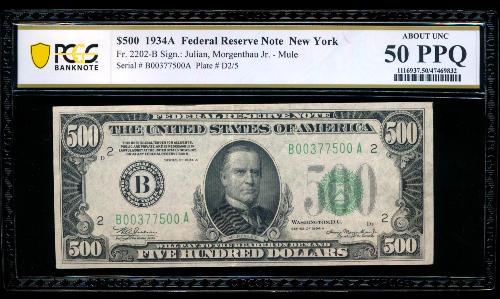 Fr. 2202-B 1934A $500  Federal Reserve Note New York PCGS 50PPQ B00377500A