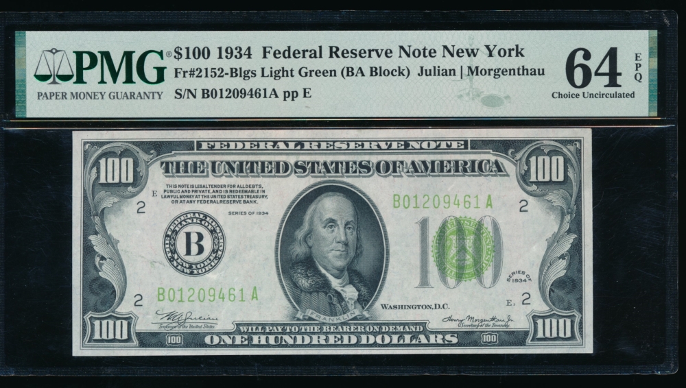 Fr. 2152-B 1934 $100  Federal Reserve Note New York LGS PMG 64EPQ B01209461A