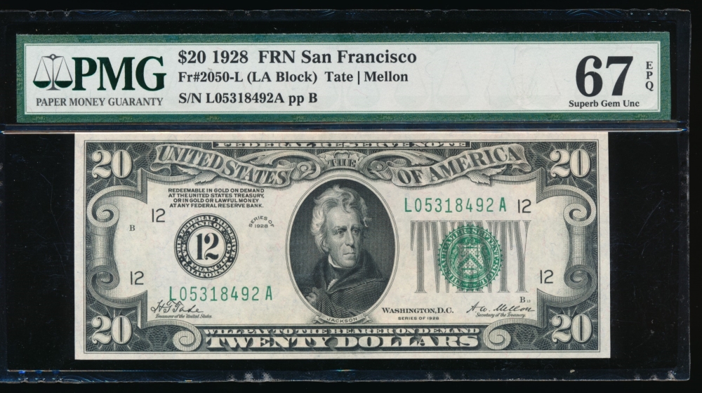 Fr. 2050-L 1928 $20  Federal Reserve Note San Francisco PMG 67EPQ L05318492A