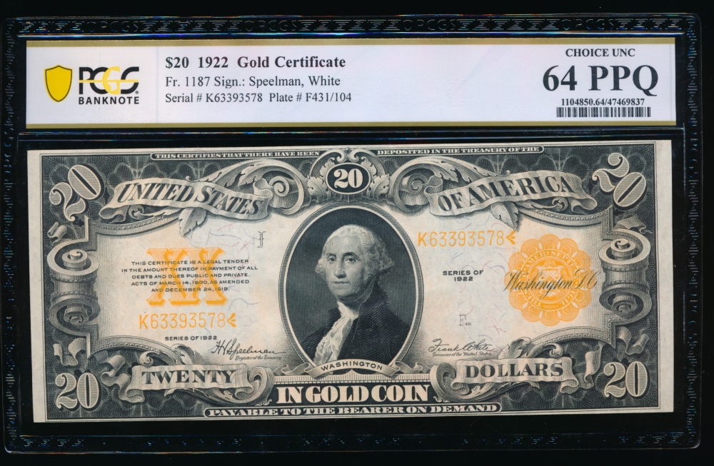 Fr. 1187 1922 $20  Gold Certificate  PCGS 64PPQ K63393578