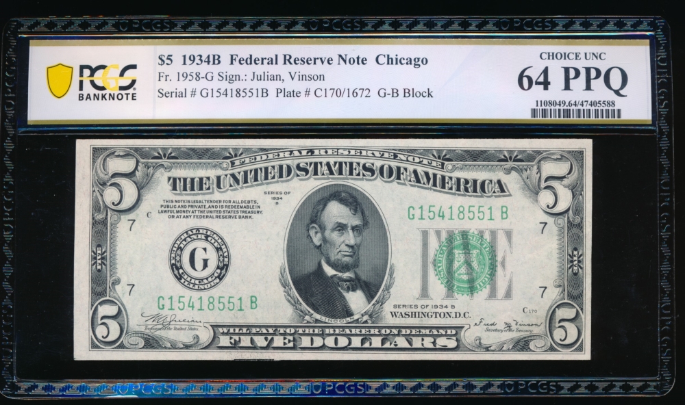 Fr. 1958-G 1934B $5  Federal Reserve Note Chicago PCGS 64PPQ G14518551B