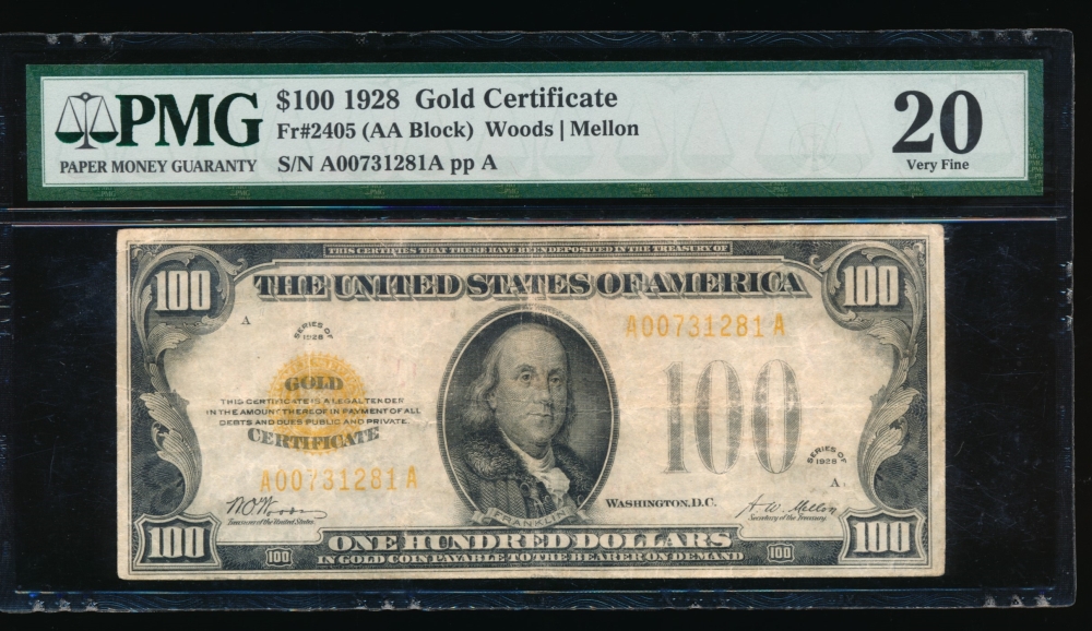 Fr. 2405 1928 $100  Gold Certificate  PMG 20 A00731281A