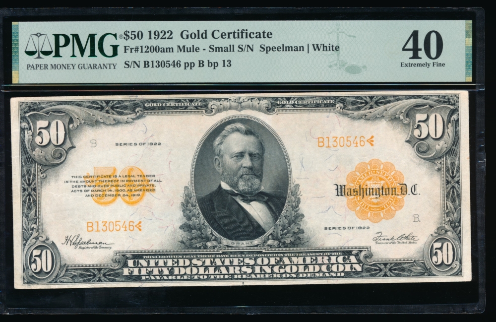 Fr. 1200a 1922 $50  Gold Certificate mule PMG 40 B130546