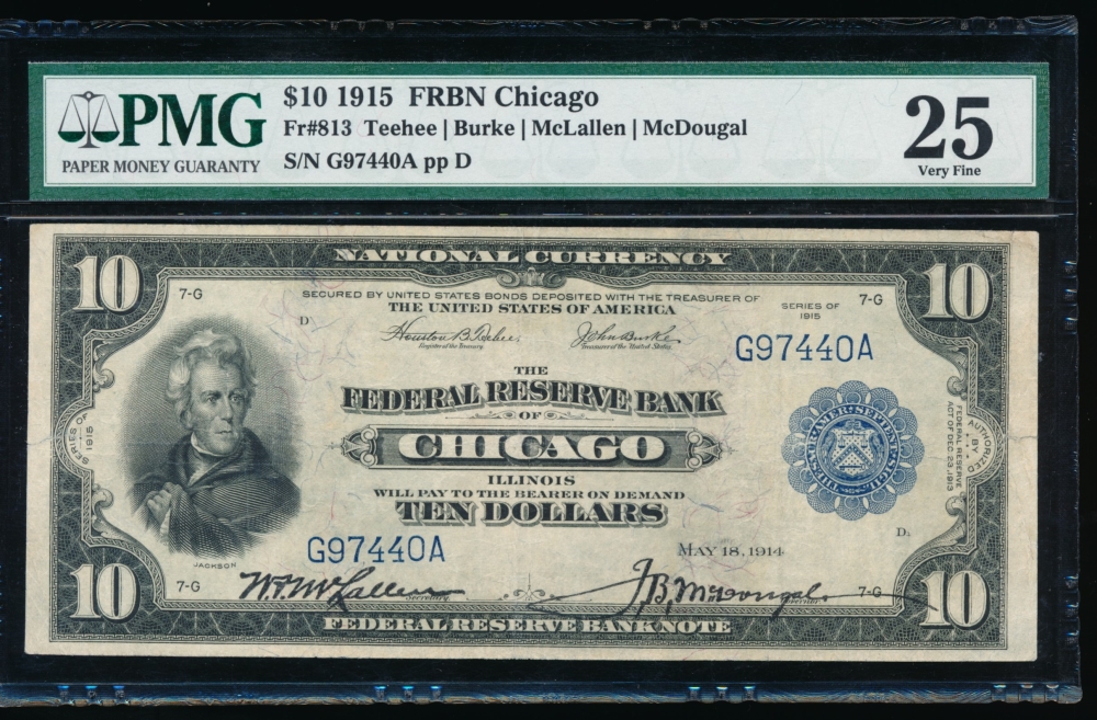 Fr. 813 1915 $10  FRBN Chicago PMG 25 comment G97440A