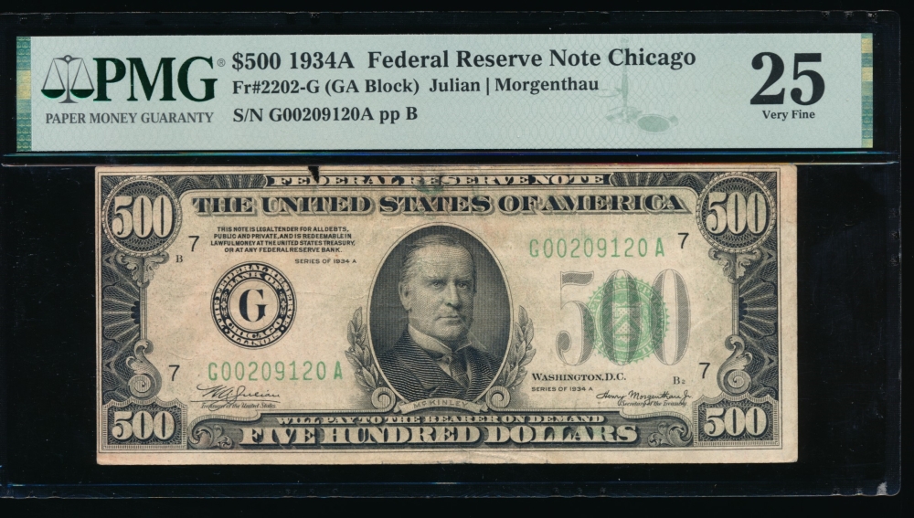 Fr. 2202-G 1934A $500  Federal Reserve Note Chicago PMG 25 comment G00209120A