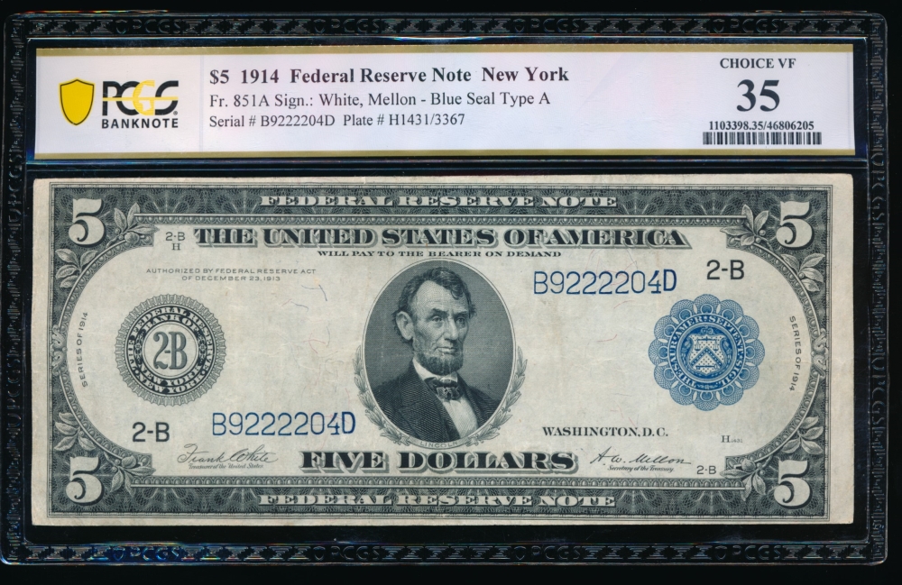 Fr. 851a 1914 $5  Federal Reserve Note  PCGS 35 B9222204D