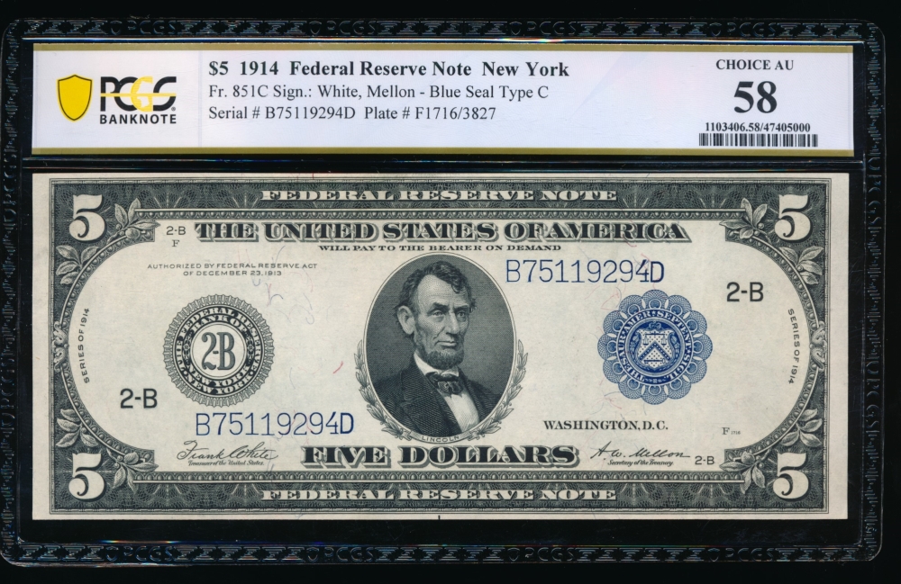 Fr. 851c 1914 $5  Federal Reserve Note New York PCGS 58 B75119294D