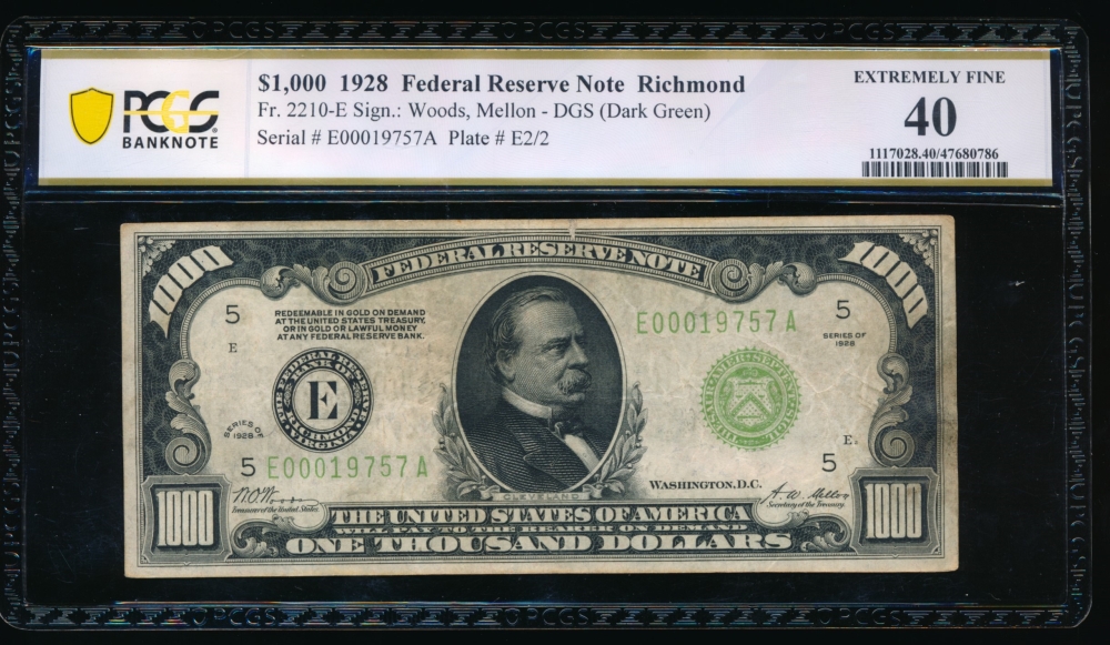 Fr. 2210-E 1928 $1,000  Federal Reserve Note Richmond PCGS 40 E00019757A