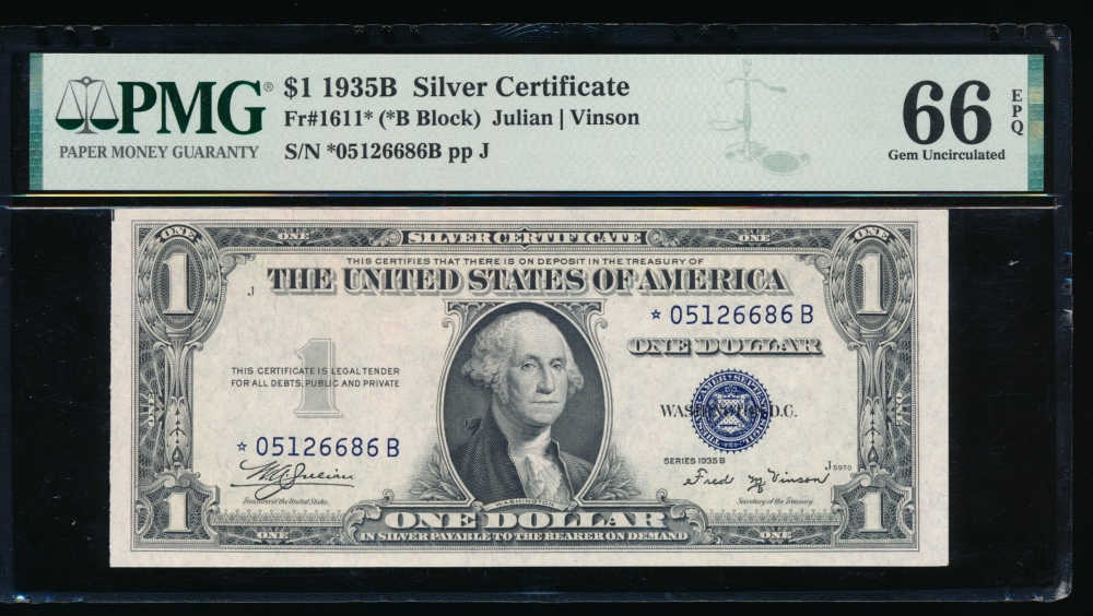 Fr. 1611 1935B $1  Silver Certificate *B block PMG 66EPQ *05126686B