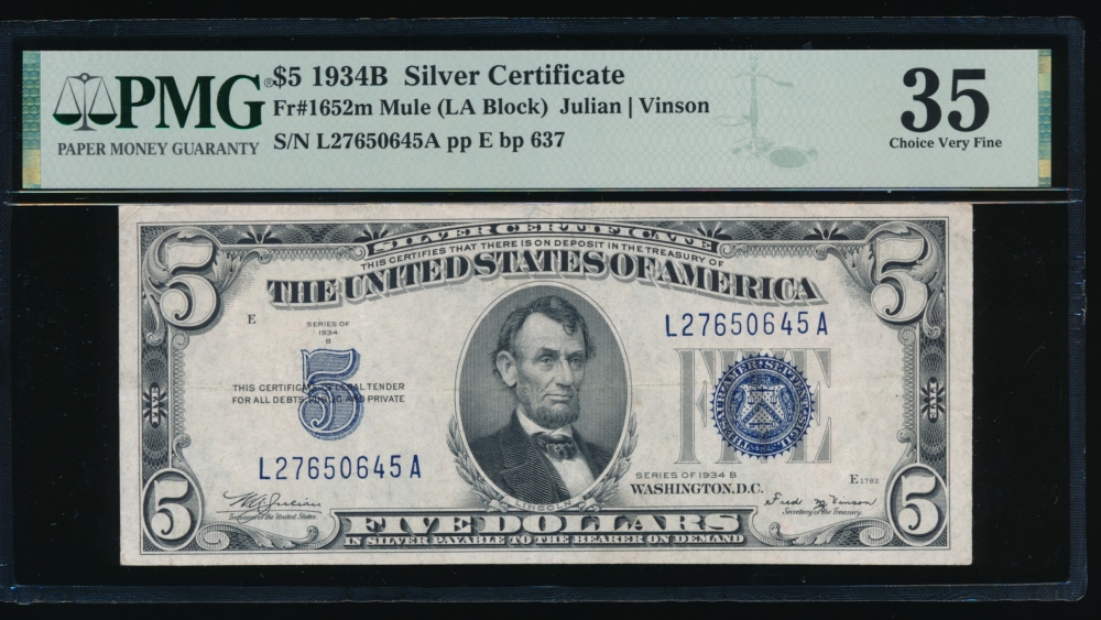 Fr. 1652 1934B $5  Silver Certificate LA block, mule PMG 35 L27650645A