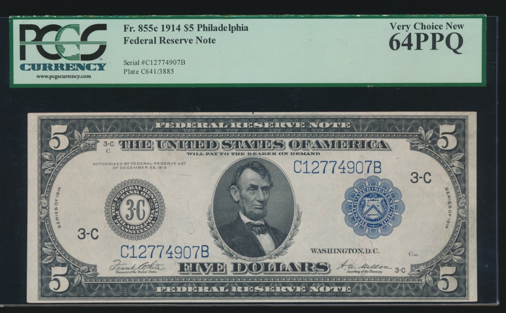 Fr. 855c 1914 $5  Federal Reserve Note Philadelphia PCGS-C 64PPQ C12774907B