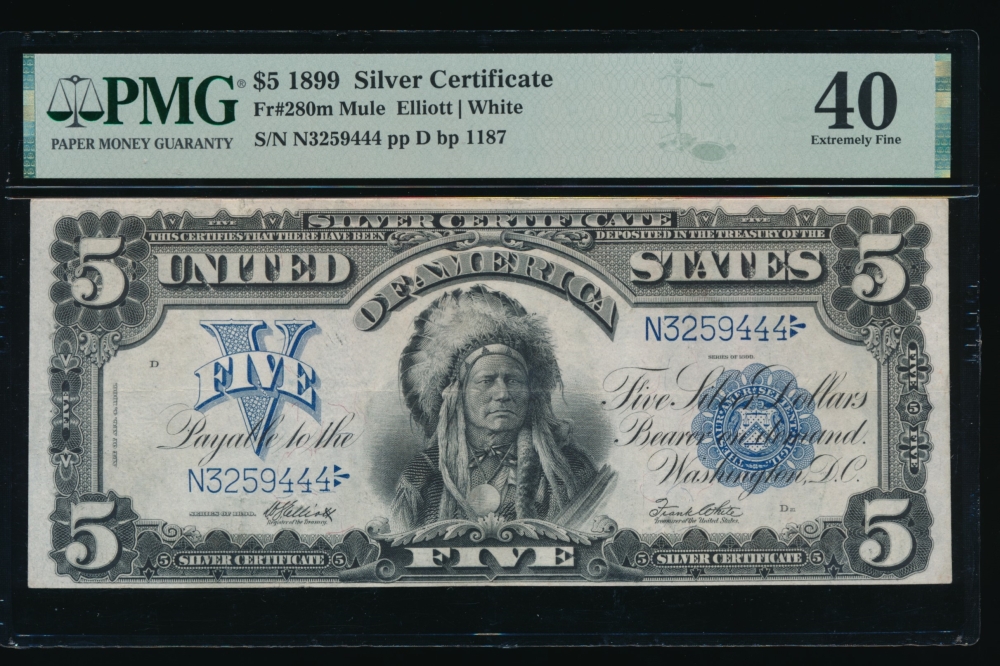 Fr. 280 1899 $5  Silver Certificate mule PMG 40 N3259444