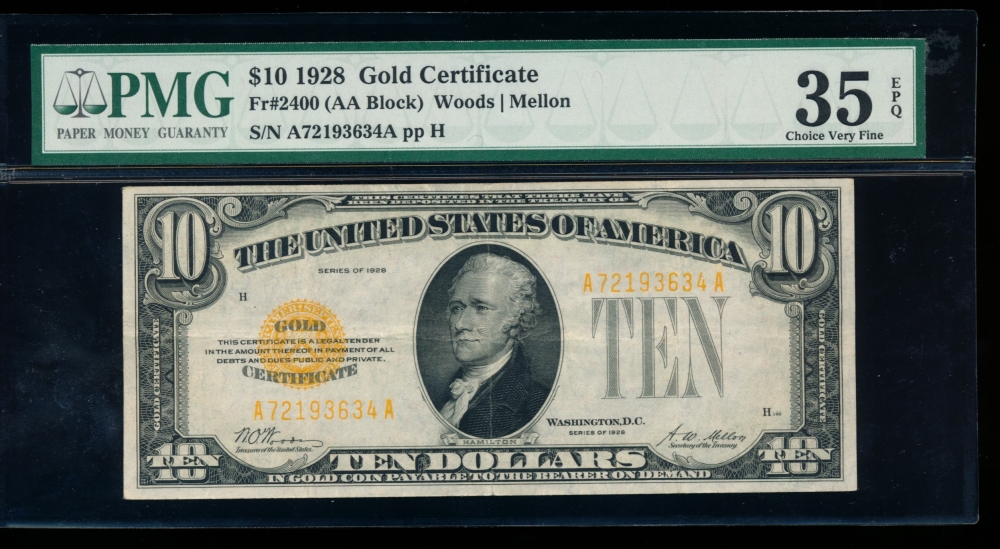 Fr. 2400 1928 $10  Gold Certificate AA block PMG 35EPQ A72193634A