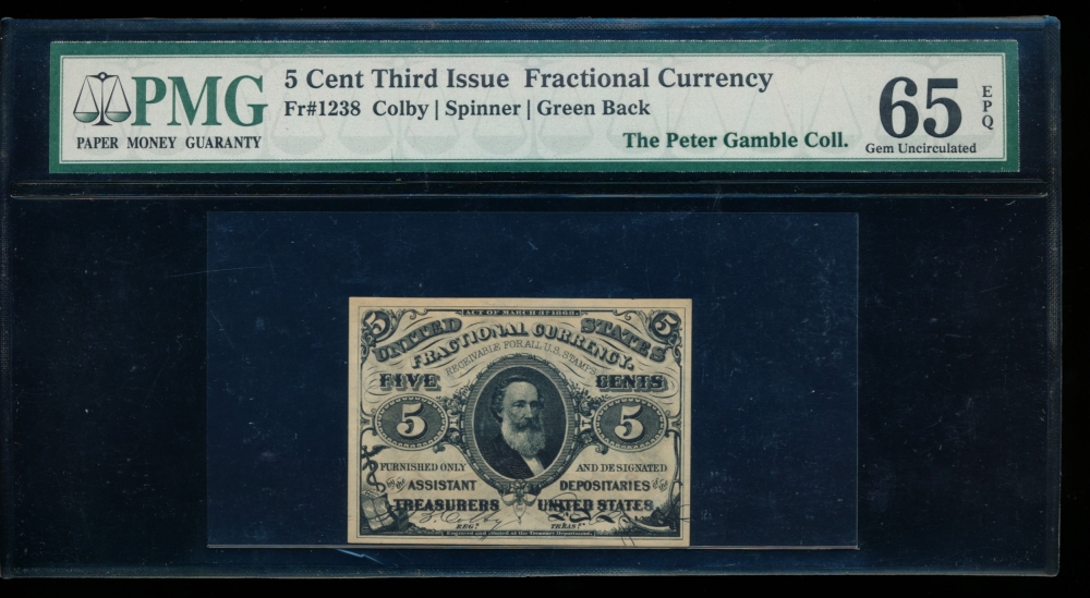 Fr. 1238  $0.05  Fractional Third Issue: Green Back PMG 65EPQ no serial number
