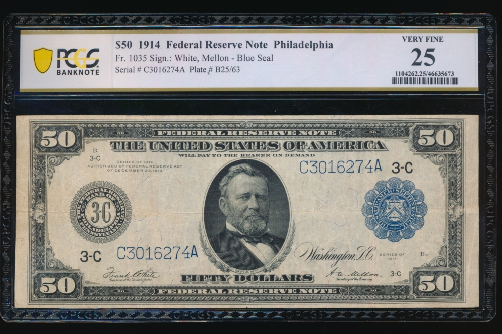 Fr. 1035 1914 $50  Federal Reserve Note Philadelphia PCGS 25 C3016274A