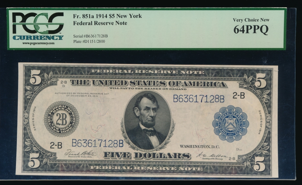 Fr. 851a 1914 $5  Federal Reserve Note New York PCGS-C 64PPQ B63617128B