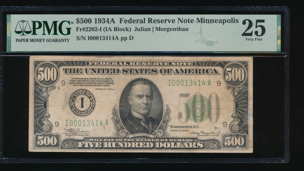 Fr. 2202-I 1934A $500  Federal Reserve Note Minneapolis PMG 25 comment I00013414A