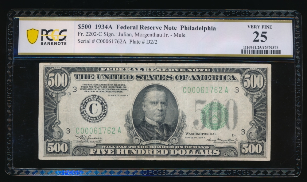 Fr. 2202-C 1934A $500  Federal Reserve Note Philadelphia PCGS 25 C00061762A