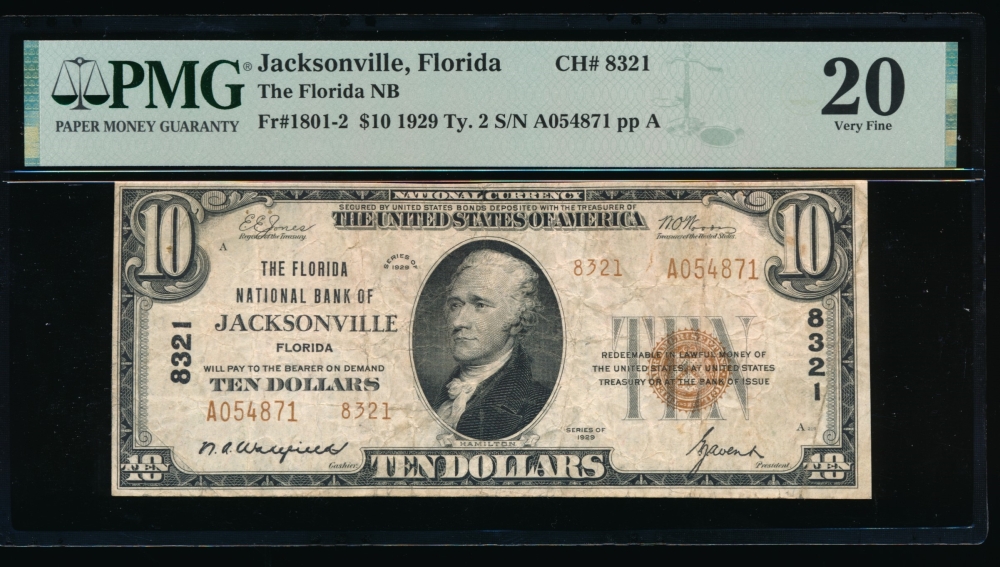Fr. 1801-2 1929 $10  National: Type II Ch #8321 The Florida National Bank of Jacksonville, Florida PMG 20 A054871